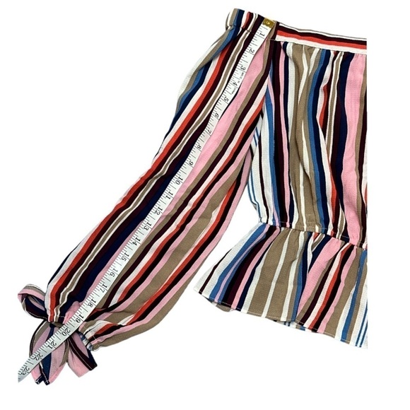 Lulu’s Off the Shoulder, Peplum Ruffled Cuff Bow Tie Cuffs Striped Top - Picture 7 of 13